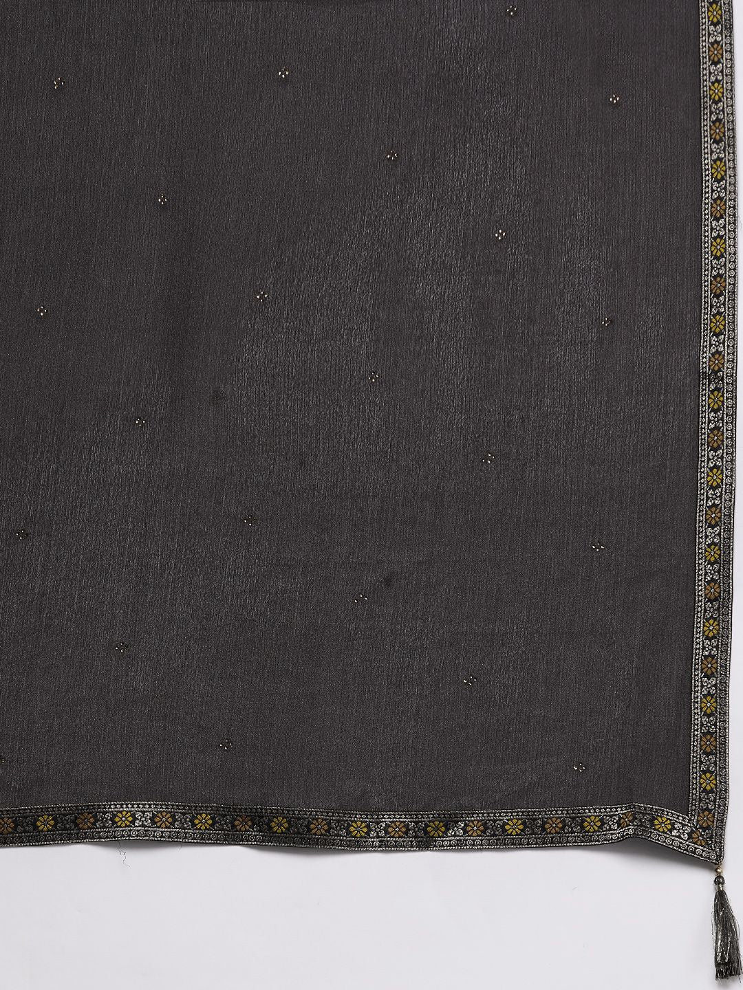 Libas Women Charcoal Grey & Mustard Yellow Ethnic Zari Straight Kurta Trousers Dupatta