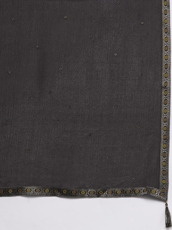 Libas Women Charcoal Grey & Mustard Yellow Ethnic Zari Straight Kurta Trousers Dupatta