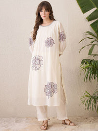 Indo Era Floral Printed Pleated Round Neck Pure Cotton A-Line Kurta With Trousers