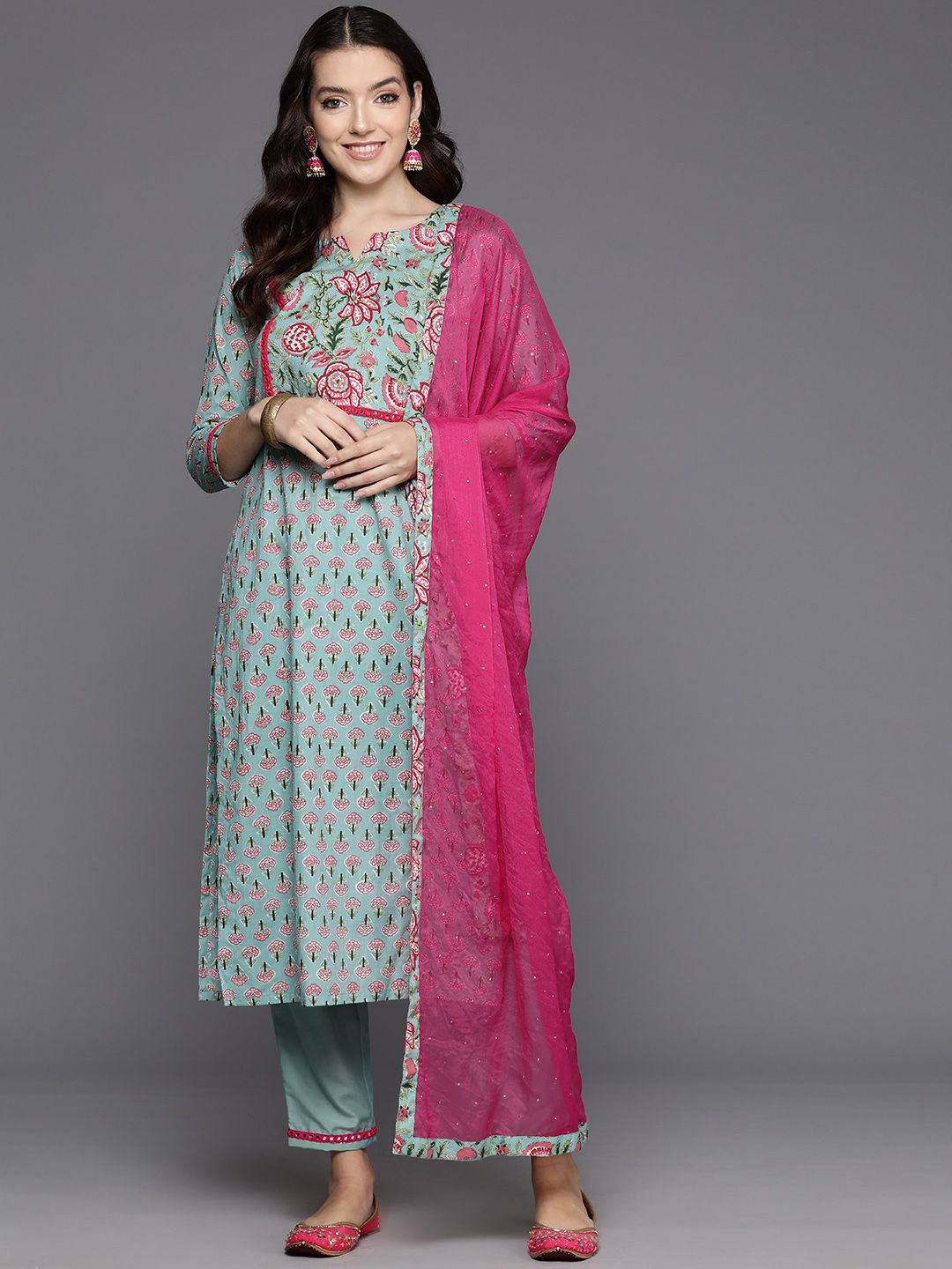 Indo Era Women Floral Printed Mirror Work Pure Cotton Kurta with Trousers & With Dupatta