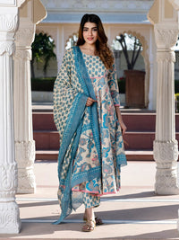 Kalini Floral Printed Neck Cotton Pure Anarkali Kurta dengan Seluar & Dupatta