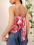 DressBerry Radiant Roses Satin Bow Tie-Up Ruffled Hem Top