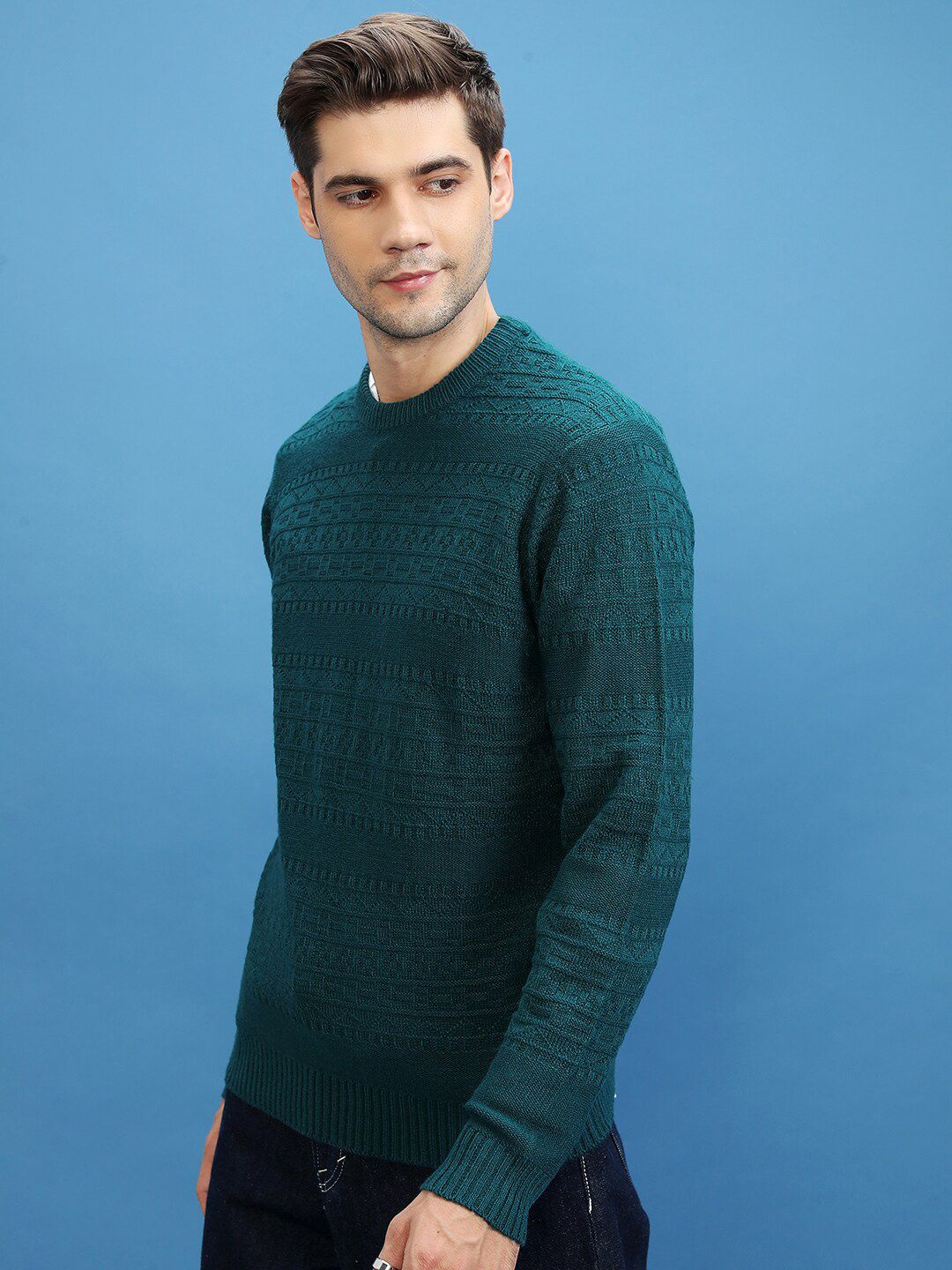 HIGHLANDER Self Design Open Knit Acrylic Pullover Sweater