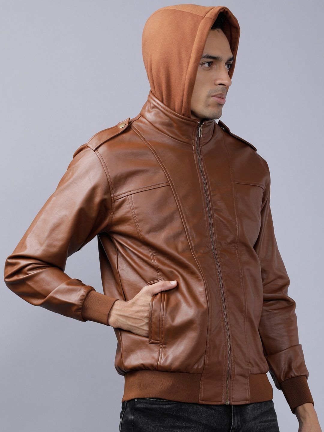 HIGHLANDER Men Brown Solid Biker Jacket