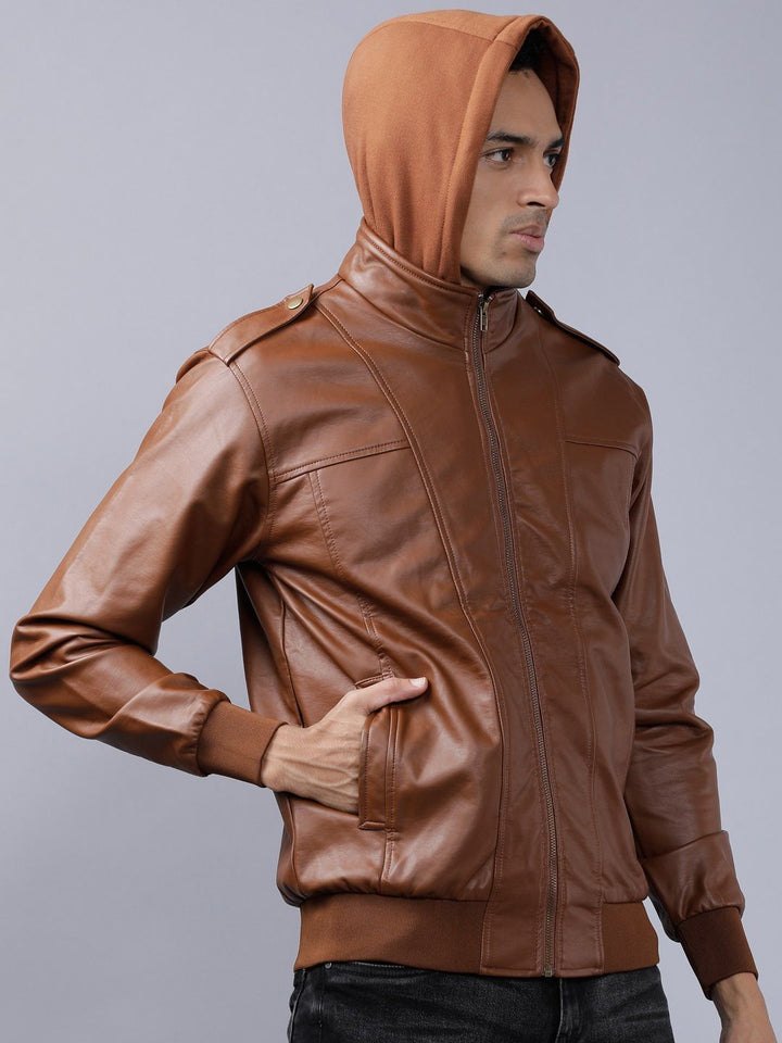 HIGHLANDER Men Brown Solid Biker Jacket