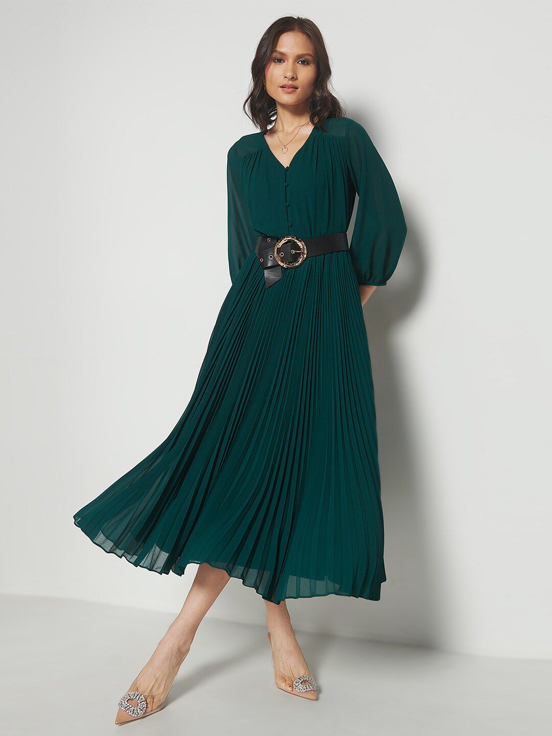 AND V-Neck Puff Sleeves Accordion Pleated Detailed Fit & Flare Midi Dress