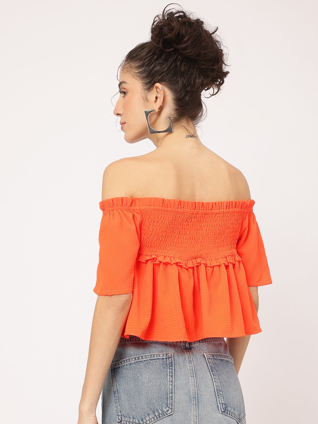DressBerry Seersucker Chic Ruffled Smocked Bardot Top