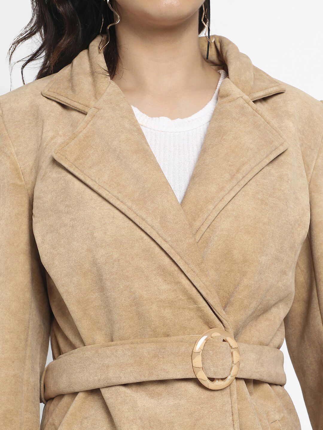 Campus Sutra Beige Single-Breasted Long OverCoat