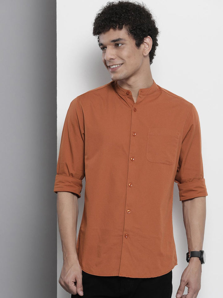 The Indian Garage Co Men Rust Orange Solid Cotton Casual Shirt