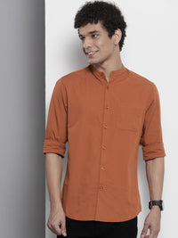 The Indian Garage Co Men Rust Orange Solid Cotton Casual Shirt