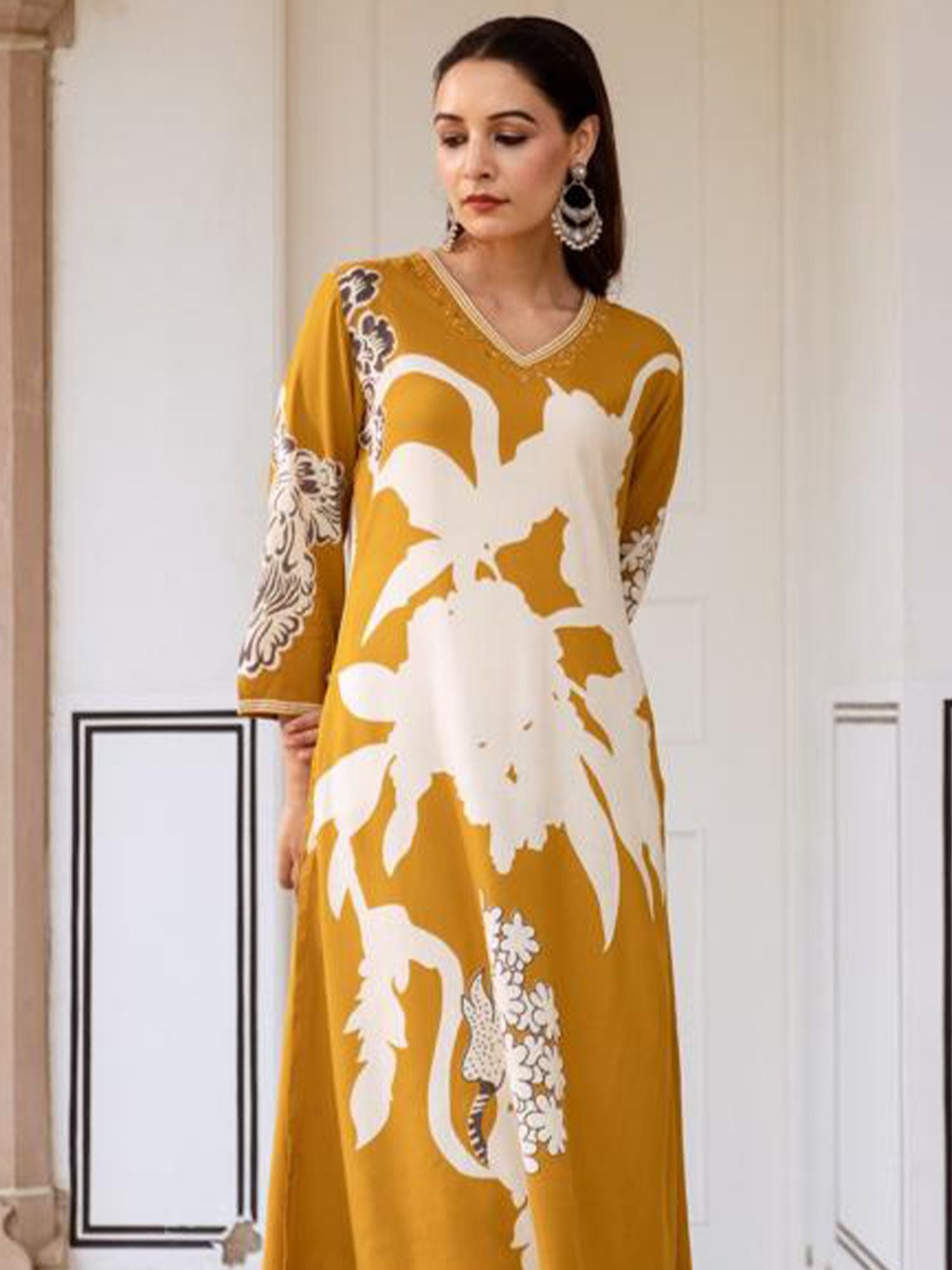Indo Era Floral Printed V-Neck A-Line Kurta With Salwar