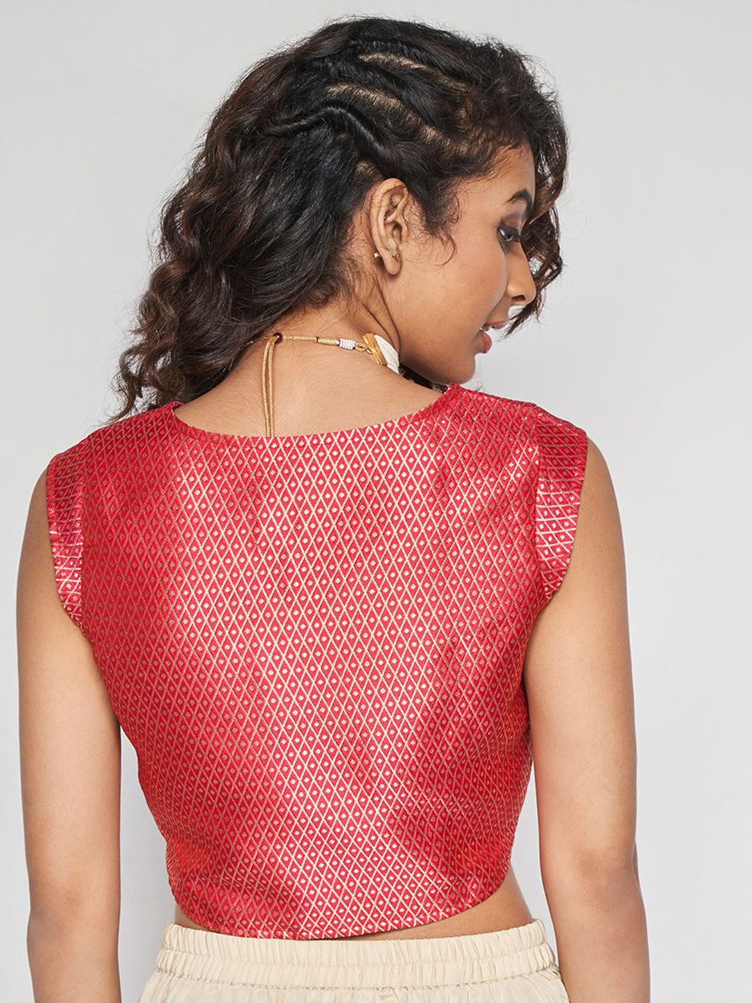 Global Desi Self Design V-Neck Sleeveless Top
