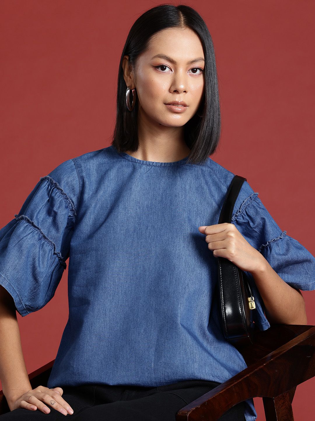 all about you Flared Tiered Sleeves Chambray Top