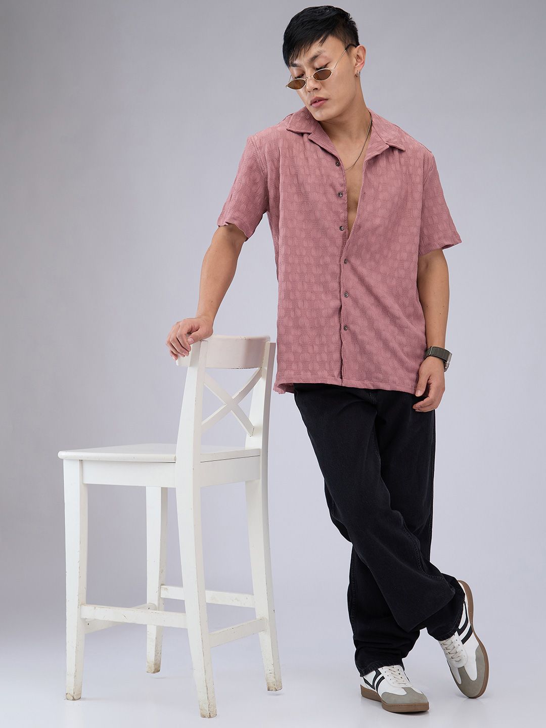 VASTRADO Men Classic Cuban Collar Textured Oversized Casual Shirt