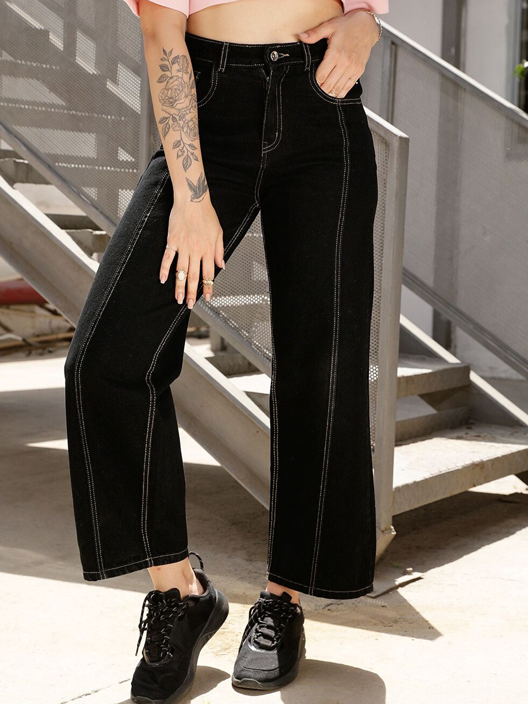 STREET 9 Women Black Relaxed Straight Leg Loose Fit High-Rise Pure Cotton Trousers