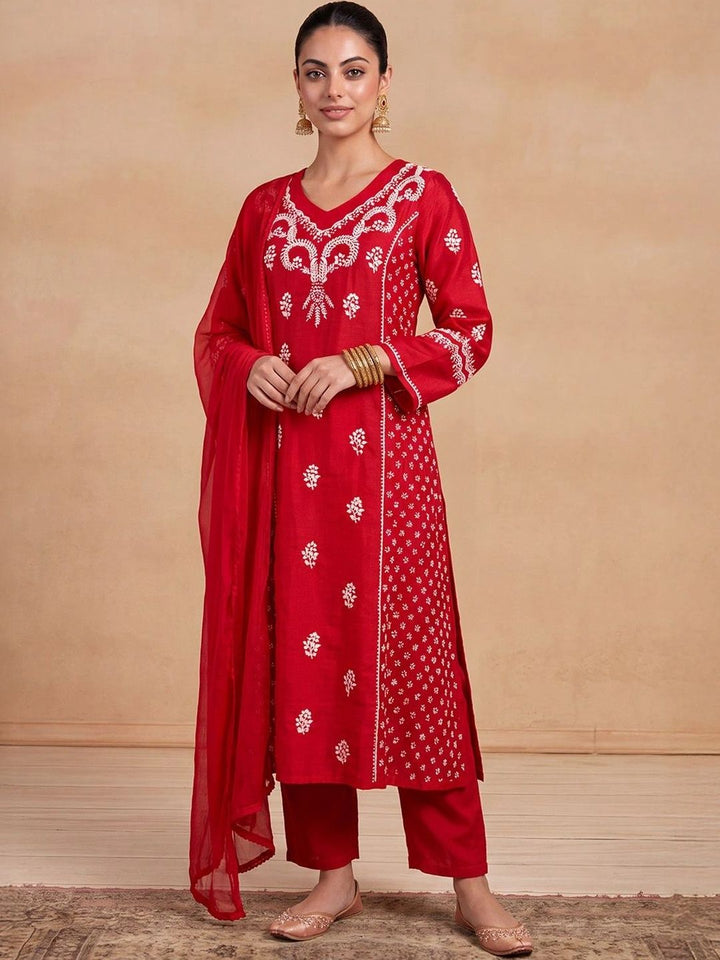 House of Chikankari Women Ethnic Motifs Embroidered Regular Chikankari Chanderi Silk Kurta with Trousers &