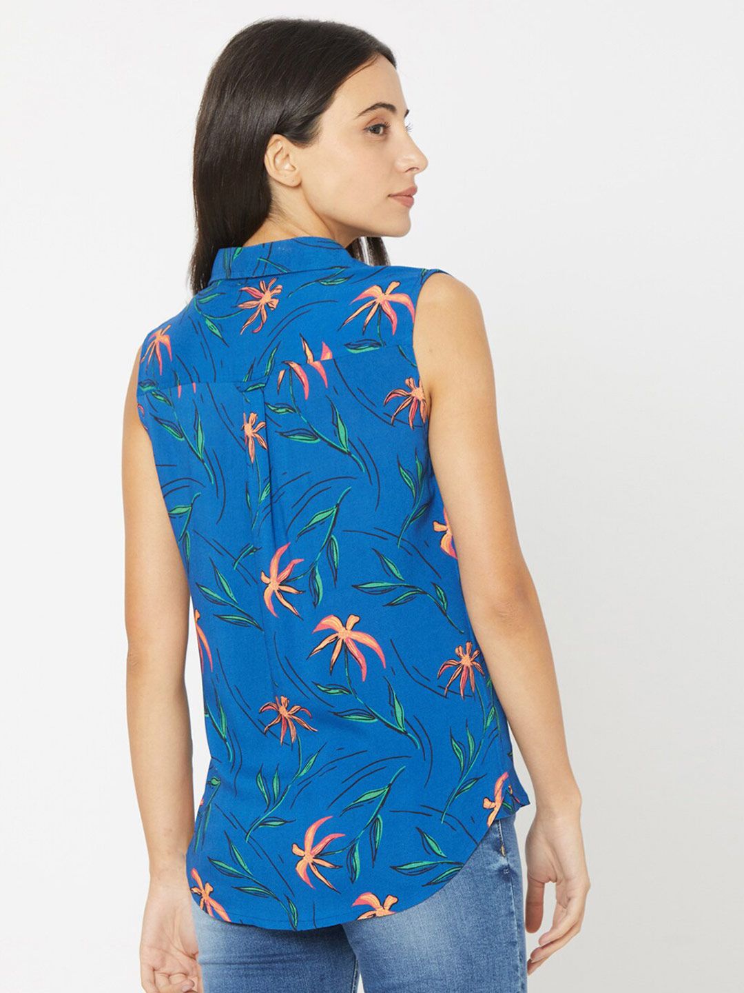 SPYKAR Blue & Orange Tropical Print Tropical Shirt Style Top