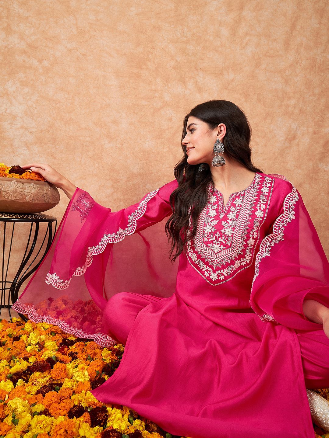 Indo Era Floral Yoke Design Regular Thread Work Kurta With Trousers & Dupatta