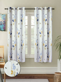 Cortina Blue & White 2 Pieces Floral Printed Cotton Window Curtain