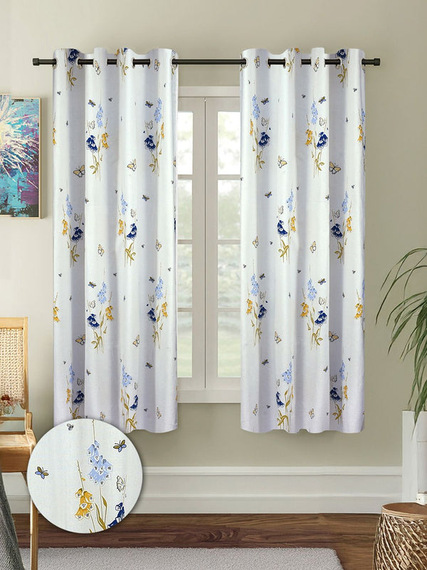 Cortina Blue & White 2 Pieces Floral Printed Cotton Window Curtain