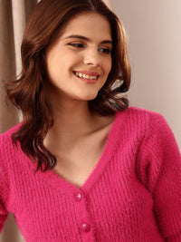 STREET 9 V-Neck Ribbed Button Detail Acrylic Cardigan Sweater