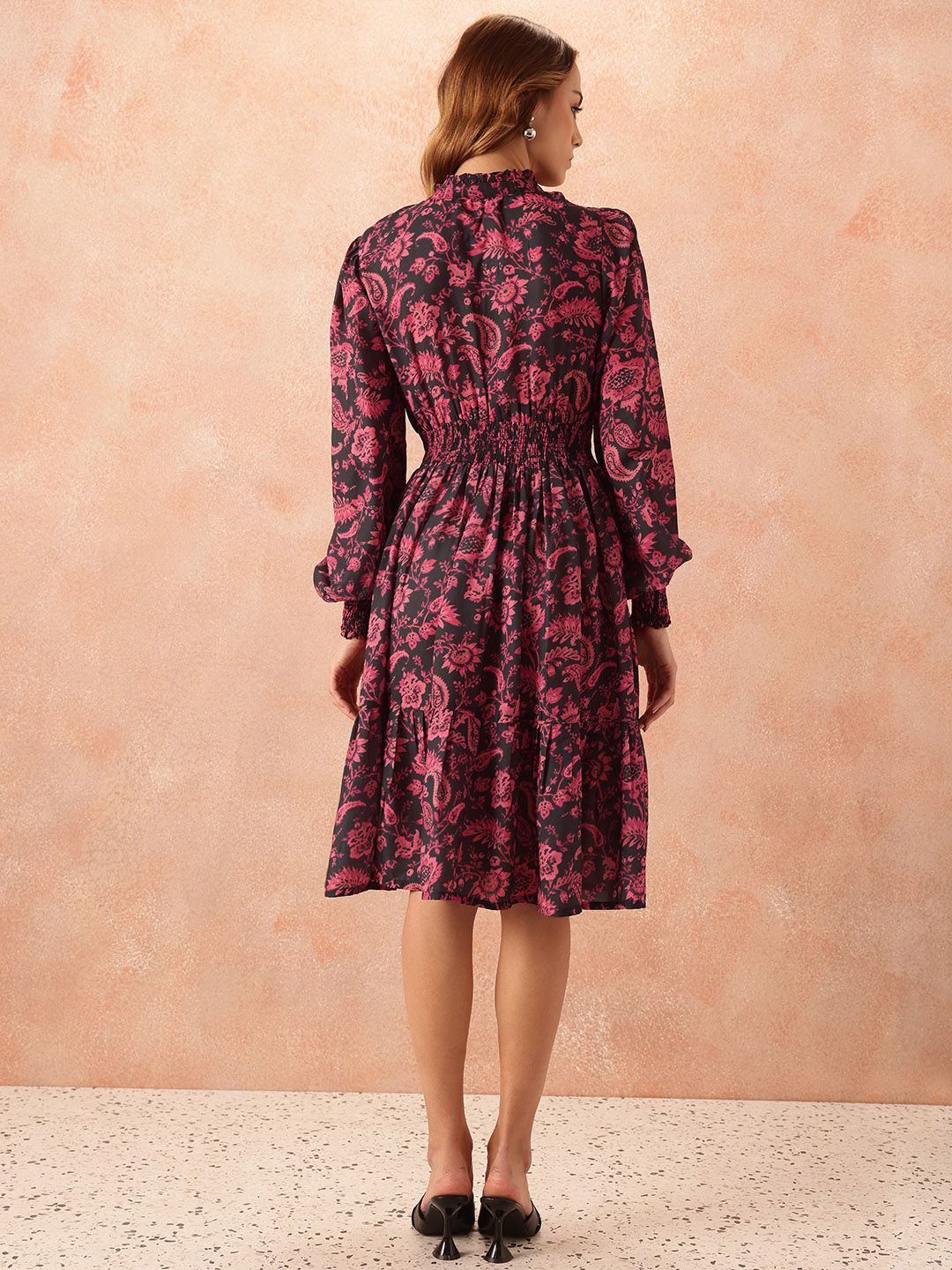 all about you Ethnic Motifs Print Tie-Up Neck Puff Sleeve Fit & Flare Dress