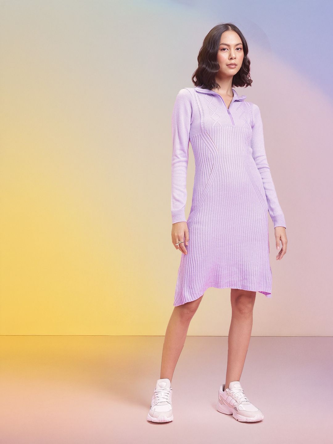 Pakaian Musim Sejuk Akrilik A-line Dressberry Half Zipper