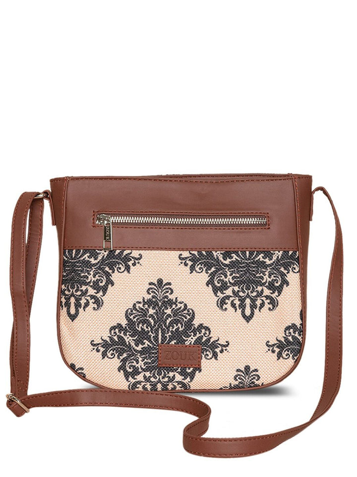 ZOUK Peach-Coloured Floral Printed Structured Sling Bag