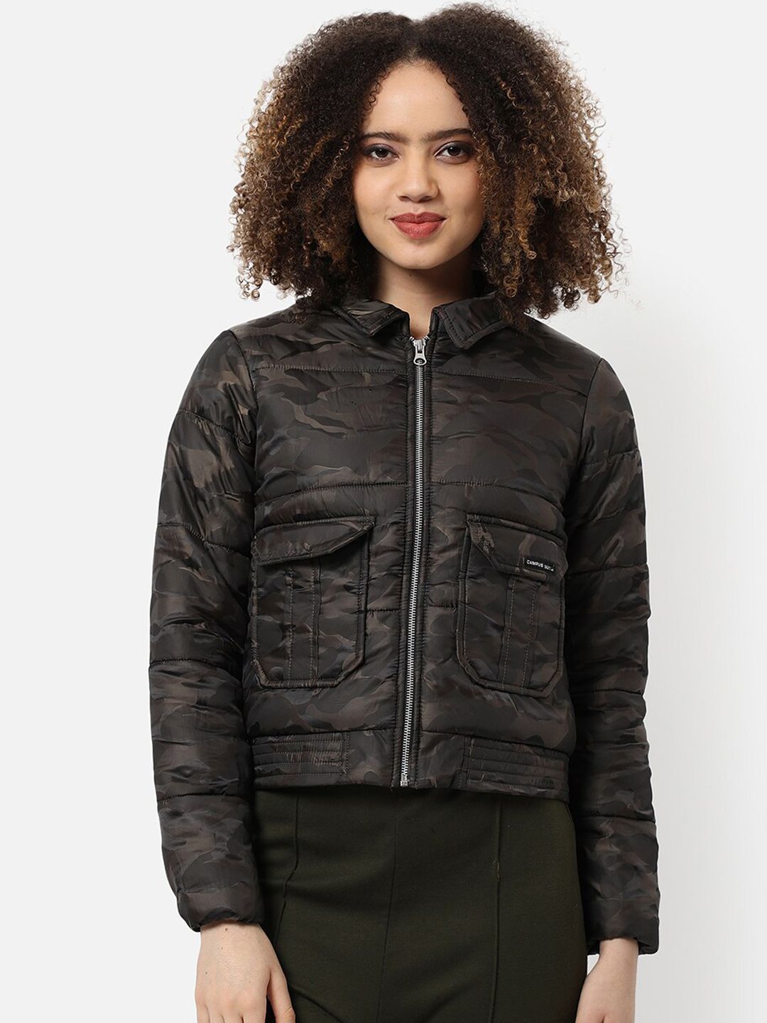 Kampus sutra wanita coklat penyamaran windcheater luaran jaket empuk