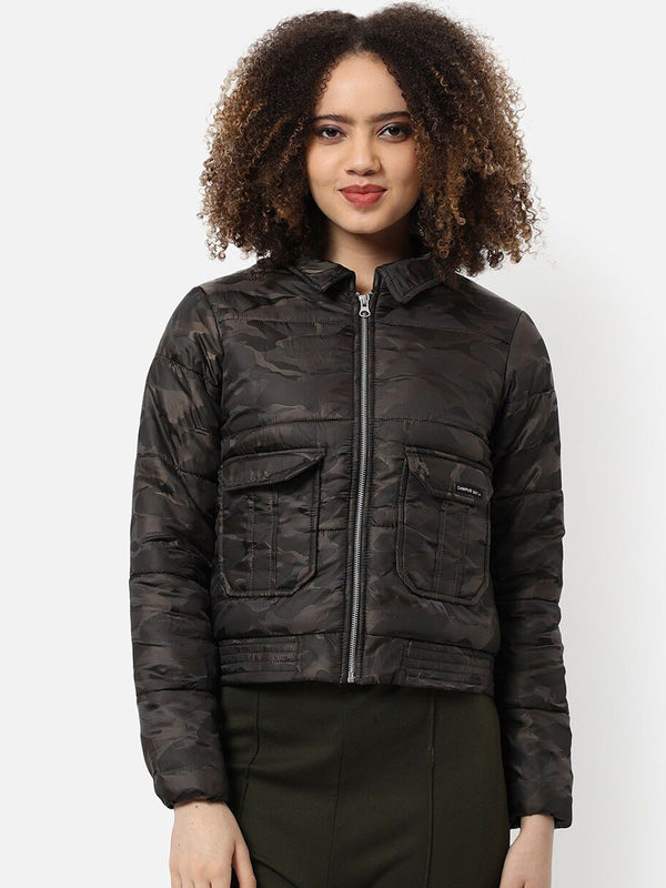 Campus Sutra Women Brown Camouflage Windcheater Outdoor Padded Jacket