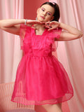 STREET 9 Flutter Sleeves Net Fit & Flare Above Knee Dress