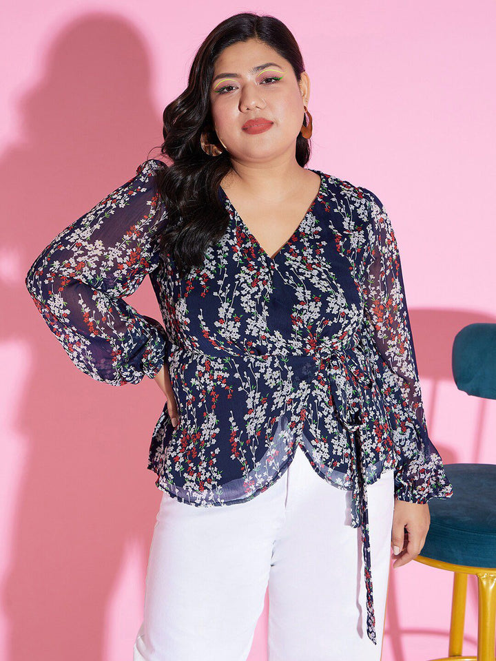 Berrylush Curve Plus Size Floral Print Tie Ups Wrap Top