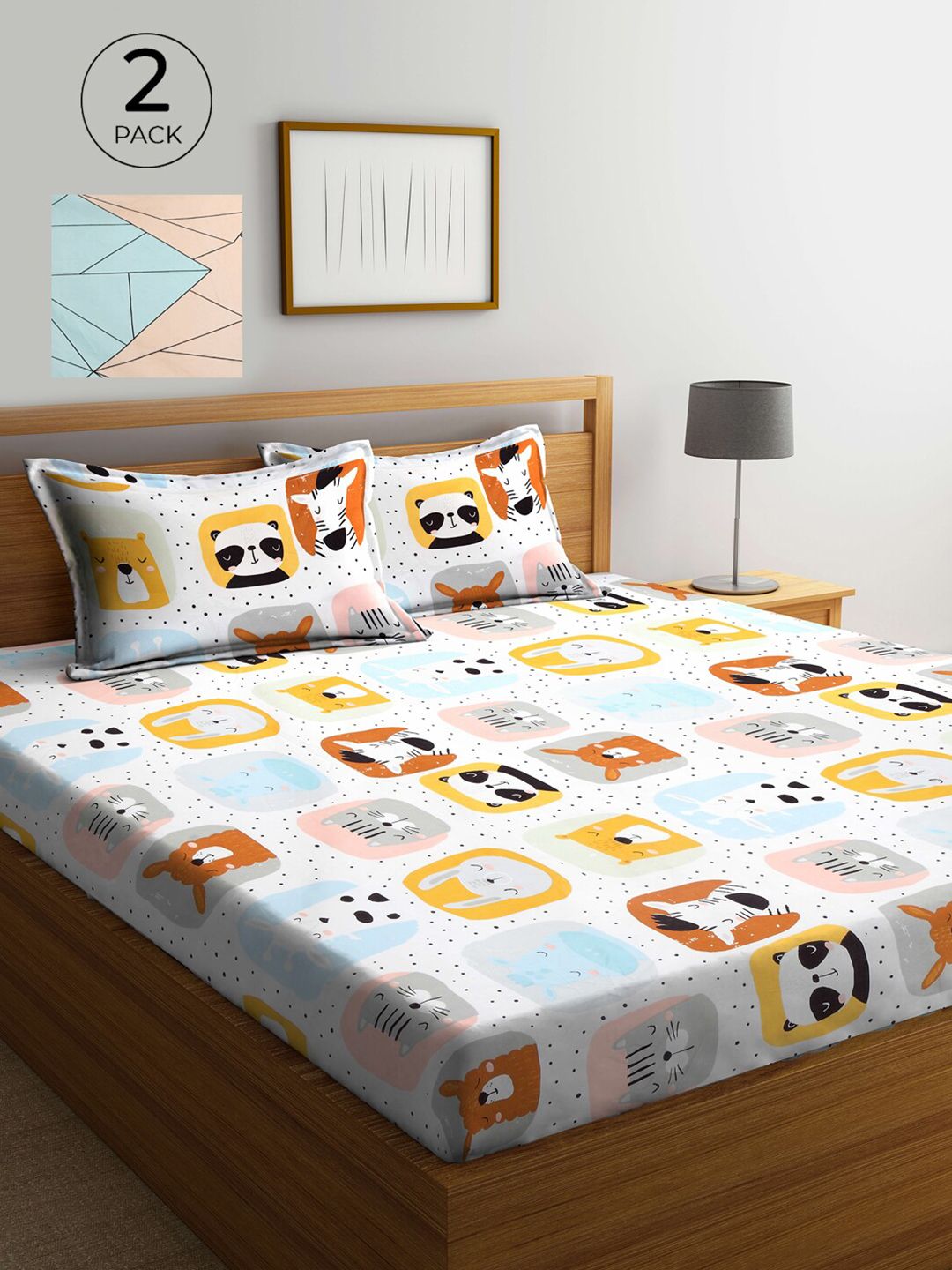 KLOTTHE Berbilang Warna Kapas Grafik 300 TC Fitted King Fine 2 Cadar dengan 4 Sarung Bantal-98 x 87 inci