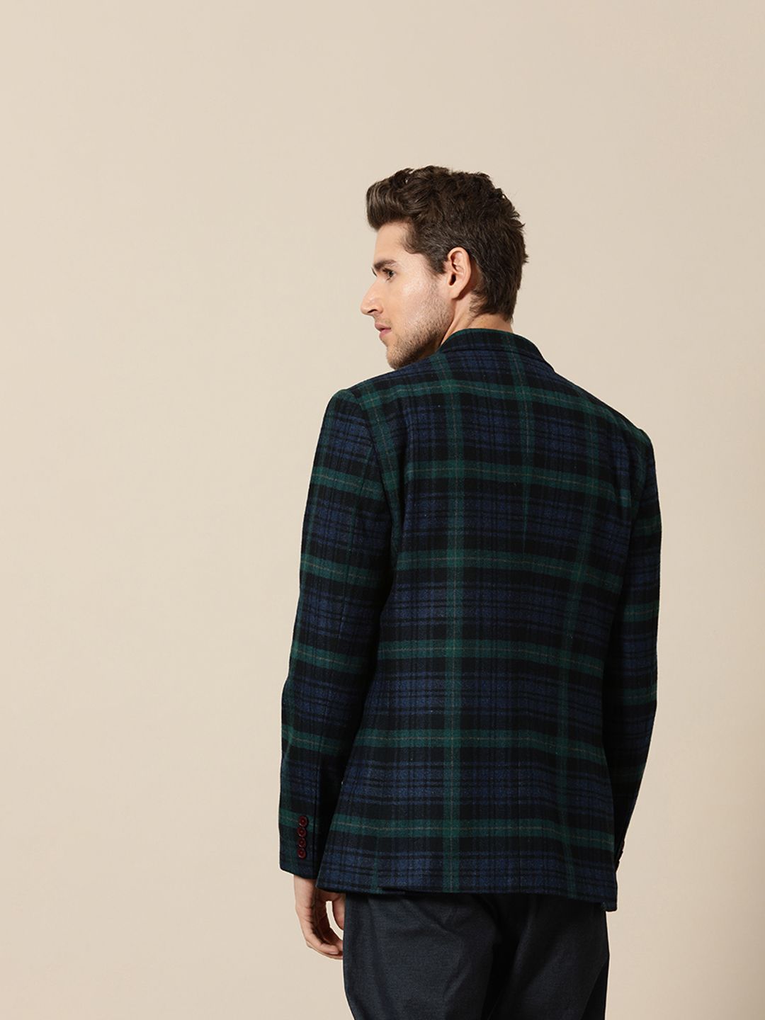 Mr Bowerbird Men Green And Navy Blue Checked Single Breasted Tailored Fit Tweed Blazer