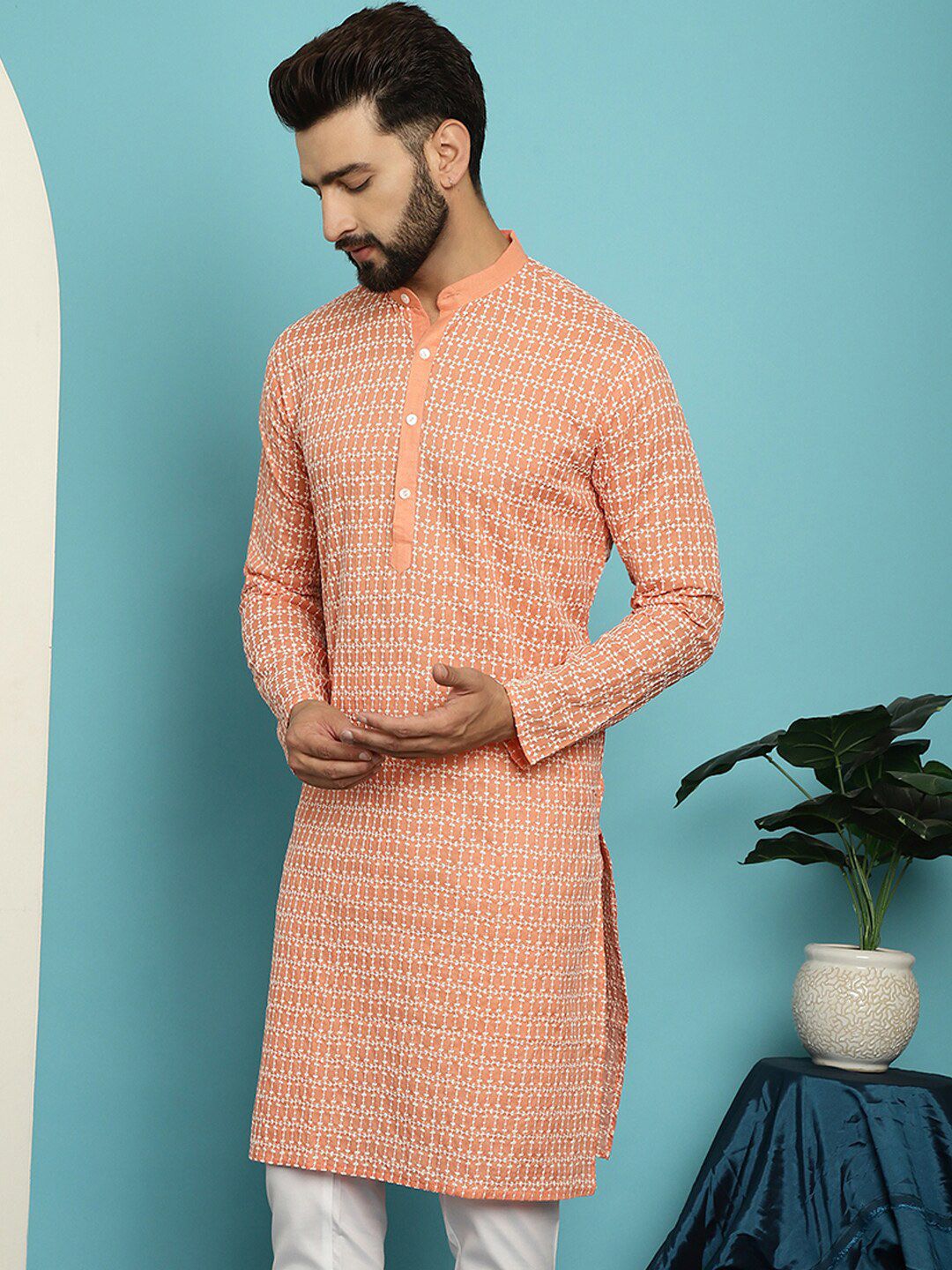 SOJANYA Kolar Mandarin Sulam Kurta Kapas Tulen