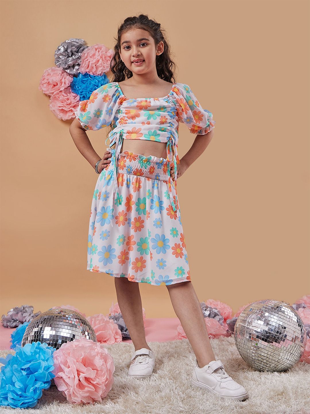 pspeaches Girls Floral Printed Ruched Crop Top With Skirt