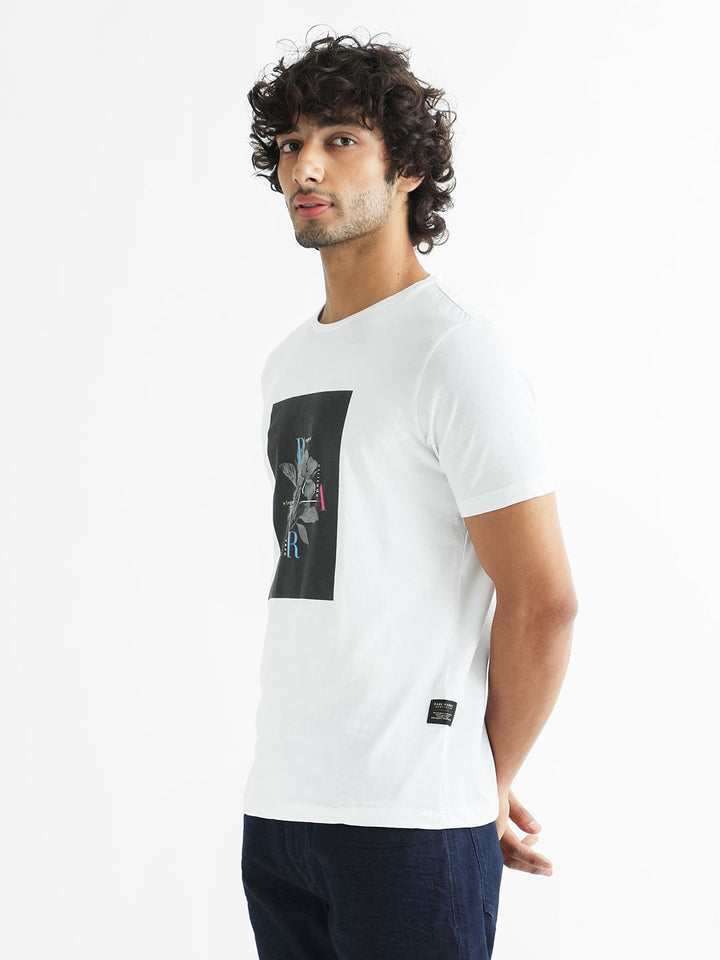 RARE RABBIT Men White Printed Pure Cotton Slim Fit T-shirt