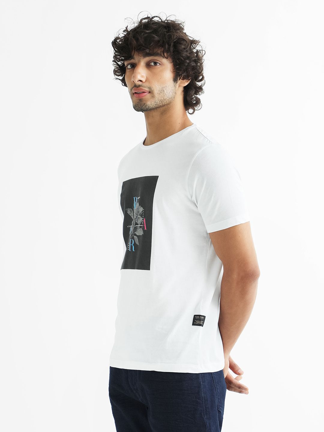 RARE RABBIT Men White Printed Pure Cotton Slim Fit T-shirt