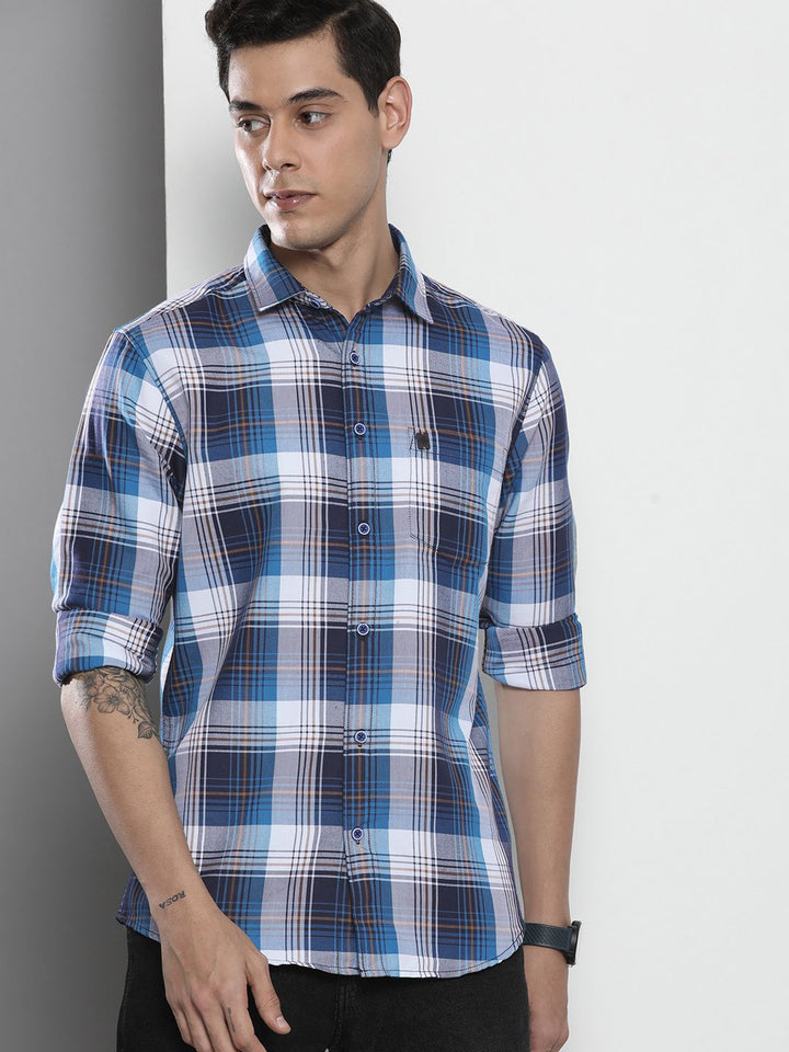 The Indian Garage Co Men Blue Tartan Checked Cotton Casual Shirt
