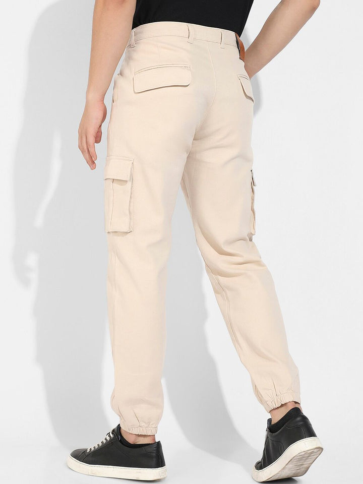 Campus Sutra Men Beige Relaxed Easy Wash Cotton Cargos Trousers