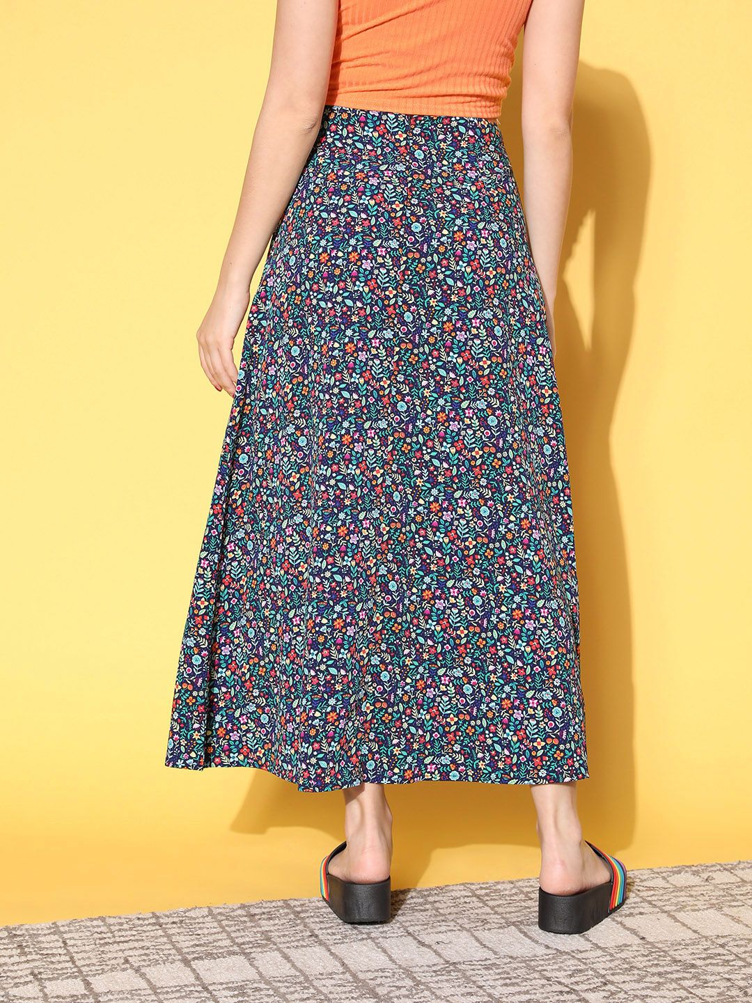 Berrylush Deep Navy Blue Floral Peekaboo Slit Skirt