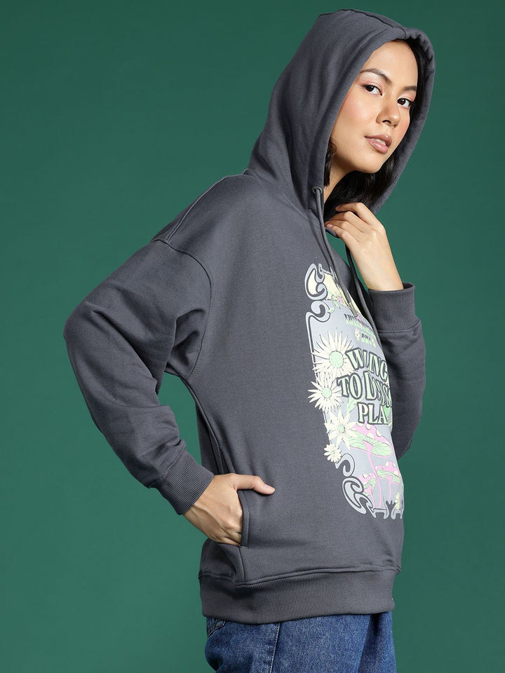 DressBerry Conversational Printed Drop-Shoulder Sleeve Hooded Sweatshirt