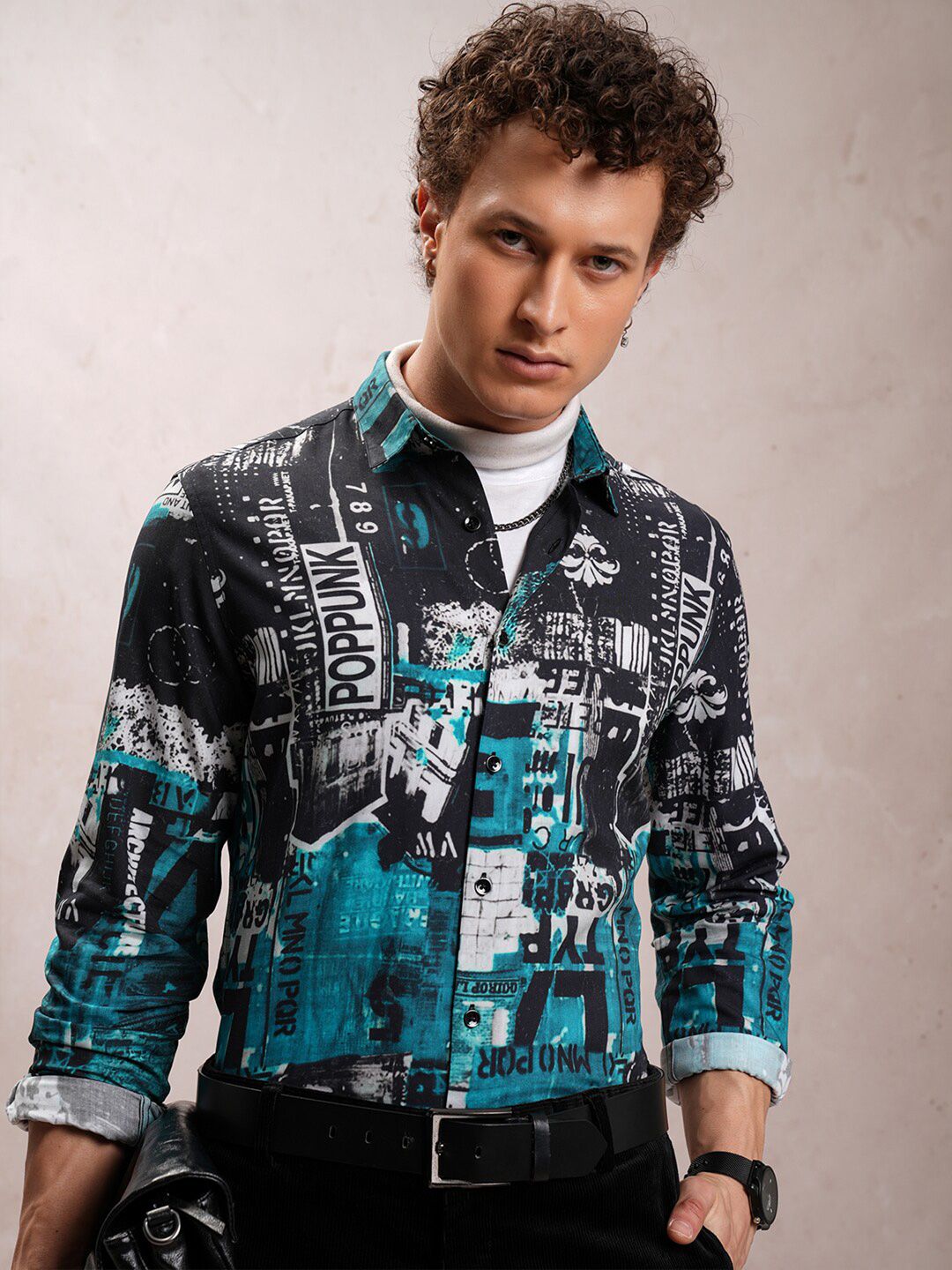 LOCOMOTIVE Slim Fit Abstract Printed Luxe Satin Party Shirt