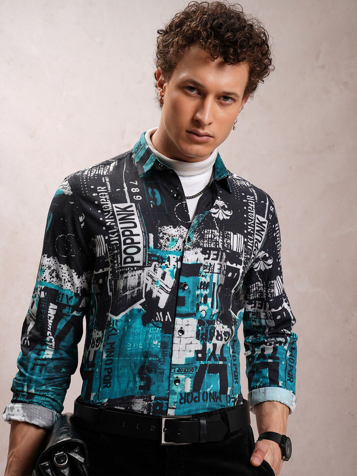 LOCOMOTIVE Slim Fit Abstract Printed Luxe Satin Party Shirt