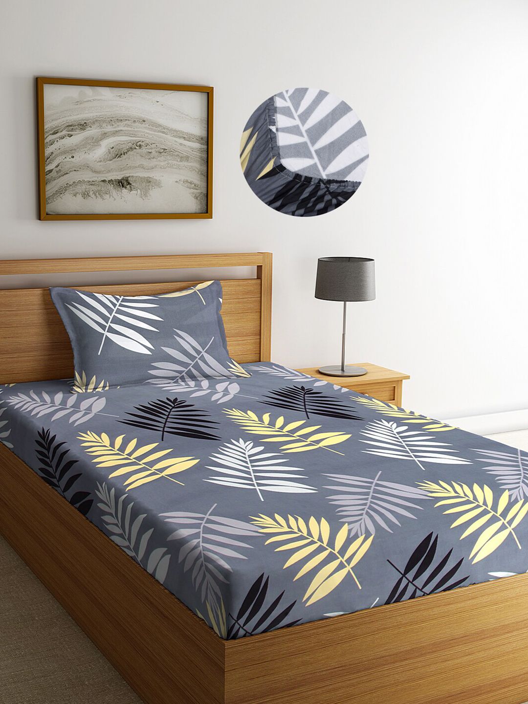 KLOTTHE Grey Floral 300 TC  Elasticated Single Bedsheet with Pillow Cover