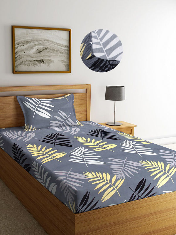 KLOTTHE Grey Floral 300 TC  Elasticated Single Bedsheet with Pillow Cover