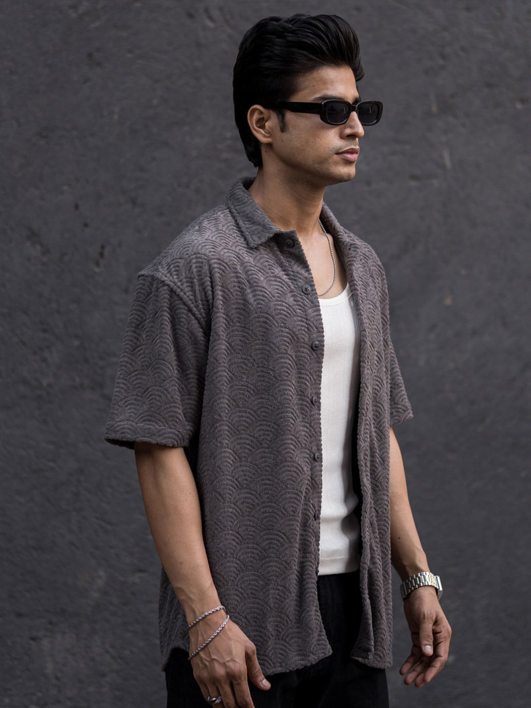 Powerlook Grey India Slim Oversized Fit Jacquard Self Design Casual Shirt