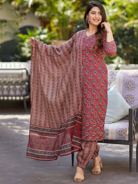 KALINI Women Floral Printed Regular Thread Work Kurta with Trousers & With Dupatta