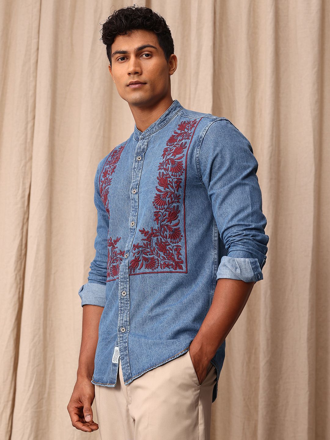 Mr Bowerbird Pure Cotton Tailored Fit Band Collar Floral Embroidered Chambray Casual Shirt