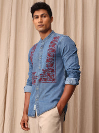 Mr Bowerbird Pure Cotton Tailored Fit Band Collar Floral Embroidered Chambray Casual Shirt